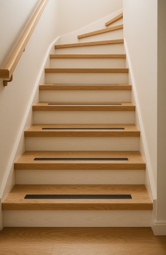 Eine geschlossene Innenraumtreppe, deren Stufen mit Holz verkleidet sind