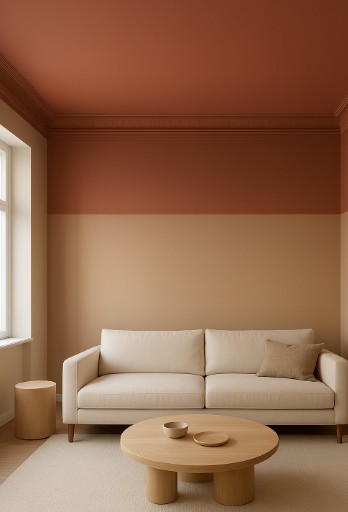 Ein modern eingerichtetes Wohnzimmer mit hohen Decken, gestaltet im Color-Capping-Stil. Die Wände zeigen einen sanften Farbverlauf von warmem Beige im unteren Bereich zu einem satten Terrakottaton im oberen Wandabschnitt, die Decke ist in einem etwas dunkleren Rostton gestrichen. Dezente Stuckverzierungen betonen den Übergang der Farbzonen. Das Tageslicht fällt durch ein großes Fenster und hebt die unterschiedlichen Nuancen hervor. Eine schlichte, cremefarbene Couch und ein runder Couchtisch aus hellem Holz runden das harmonische Gesamtbild ab.