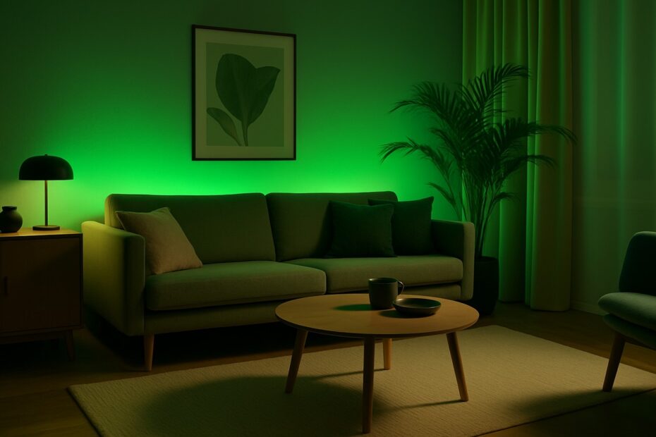 Ein modernes Wohnzimmer, hinter einer Zweisitzer-Coach ist grünes LED-Licht eingeschaltet