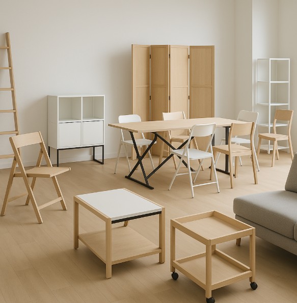 ein moderner Showroom, der leichte, wandelbare Möbel präsentiert. Der Raum ist hell und minimalistisch eingerichtet, mit klappbaren Stühlen, einem ausziehbaren Tisch, einem grauen Sofa, Regalen und rollbaren Beistelltischen aus hellem Holz. Durch das große Fenster fällt Tageslicht ein, wodurch die freundliche, funktionale Atmosphäre des Raums betont wird.