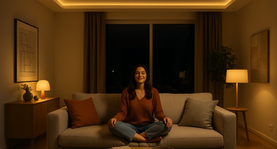 Auf dem Bild ist ein modernes Wohnzimmer bei Nacht zu sehen. Die Szene ist warm und gemütlich ausgeleuchtet – mit indirektem Licht an der Decke und mehreren dezenten Lichtquellen im Raum. Eine Frau sitzt entspannt im Schneidersitz auf einem hellen Sofa, lächelt ruhig und wirkt zufrieden. Im Hintergrund sieht man große Fenster, einen Sideboard mit Lampe, Pflanzen und dezente Wanddekoration.