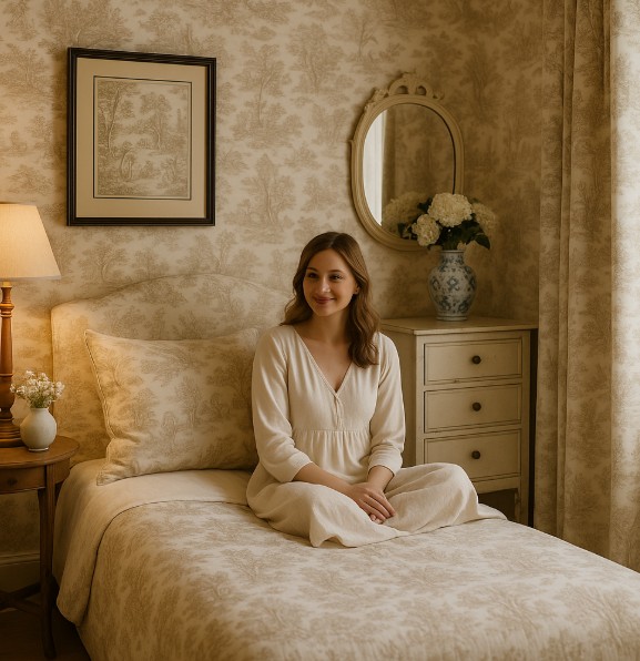 Auf dem Bild ist ein stilvoll eingerichtetes Schlafzimmer zu sehen, das im Toile-de-Jouy-Stil gestaltet ist. Die Wände sind mit einer cremefarbenen Tapete mit feinen, klassischen Motiven in Blau verziert – typisch für diesen historischen Stil. Das Bett ist modern, schlicht bezogen, daneben stehen elegante Nachttische mit Lampen.