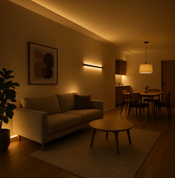 Das Bild zeigt ein modernes, offen gestaltetes Wohnzimmer in Abendstimmung. Der Raum ist großzügig und elegant eingerichtet, mit weichen Sitzmöbeln, hellen Wänden und warmen Lichtquellen. Die Beleuchtung ist zoniert – mehrere Lichtquellen erzeugen eine harmonische Abfolge von hellen und sanften Bereichen, wodurch Tiefe und Struktur entstehen.