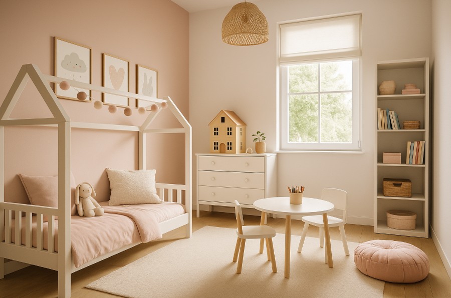 Auf dem Bild ist ein modernes, liebevoll eingerichtetes Mädchenzimmer zu sehen. Der Raum wirkt hell, freundlich und funktional gestaltet – mit hellen Holz- und Pastelltönen, ohne übertriebene Klischees. Ein Bett mit schlichter Bettwäsche steht an der Wand, daneben befinden sich Regale mit Büchern und Spielzeug. Eine kleine Sitzgelegenheit und kindgerechte Dekoration schaffen eine wohnliche, verspielte Atmosphäre.